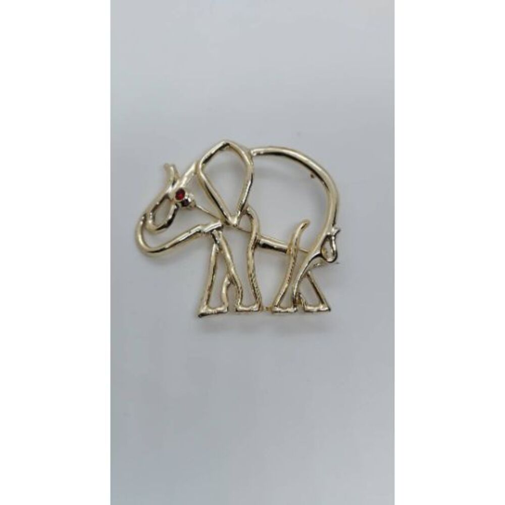 Vintage Sears‎ Wire Elephant Pin / Brooch Gold Red Eye